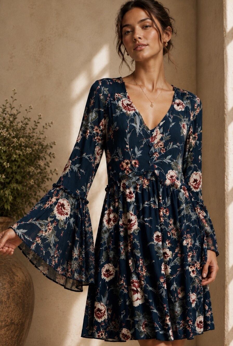Band of Gypsies NWT Dark Floral Boho Bell Sleeve Midi Dress Large - Picture 1 of 11